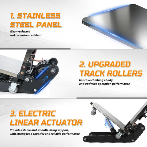 Heavy Duty 1200w Electric Stair Climbing Hand Truck with stainless steel panel and upgraded track rollers for easy climbing.