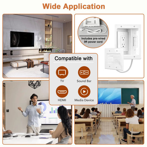 In-Wall Cable Management Kit For TV Mounts, Hidden Recessed Outlet Box with 9ft Power Cord in Living Room and Conference Room Setup