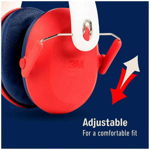 Kids Hearing Protection With Adjustable Headband, 22 dB NRR, red ear cup close-up, adjustable band, comfortable fit for small ears.