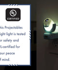 Disney Frozen 2 LED Projector Night Light With Plug In Dusk To Dawn Sensor showing safety certification on wall