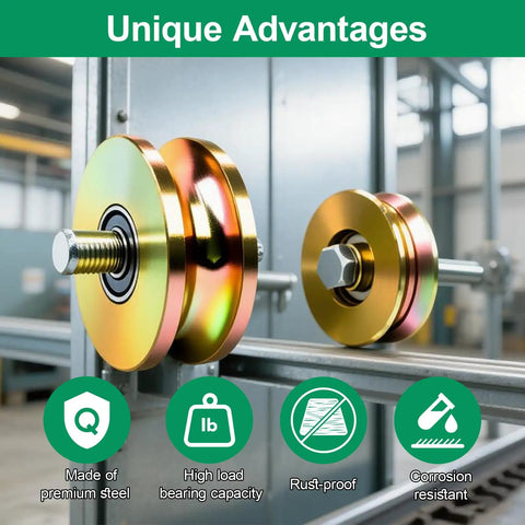 Beefy Four Inch Heavy Duty Sliding Gate Rollers Two Pair V Groove Wheels With Double Bearings 3000 Lb Capacity And Easy Install Hardware, premium steel construction.