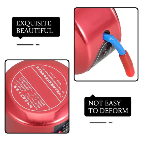 Self Activating Aerosol Fire Extinguisher For Car Engines And Boats With Instant Heat Trigger, close-up of red canister with hose.