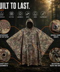 Military Style Tactical Ripstop Camo Rain Poncho showcasing waterproof fabric, snaps, grommets, and adjustable features.