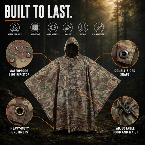 Military Style Tactical Ripstop Camo Rain Poncho showcasing waterproof fabric, snaps, grommets, and adjustable features.