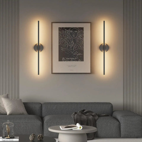 Set Of Two 28 Inch Black Linear Wall Sconce Hardwired 3000K Warm Led Light Fixture 360 Degree Swivel for living room decor.