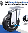 Five Inch Caster Wheels Set Of Four With Two Rigid And Two Swivel Heavy Duty Rubber Casters Featuring Dust Proof Caps Rock Solid Steel Plates For Garage Carts And Workbenches No Sweat Install Zero Shake Smooth As Butter Rolling Power close-up view of swivel caster wheel with steel plate and rubber tire