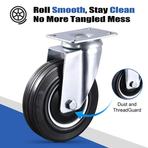 Five Inch Caster Wheels Set Of Four With Two Rigid And Two Swivel Heavy Duty Rubber Casters Featuring Dust Proof Caps Rock Solid Steel Plates For Garage Carts And Workbenches No Sweat Install Zero Shake Smooth As Butter Rolling Power close-up view of swivel caster wheel with steel plate and rubber tire