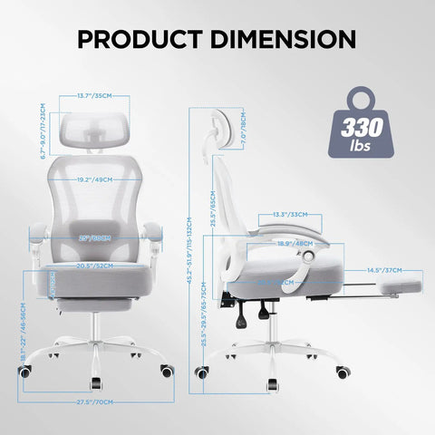 Super Comfy Ergonomic Office Chair With Footrest For All Day Use Ultra Thick Reclining Seat 2D Adjustable Lumbar Support And Headrest High Back Premium Mesh Desk Chair For Home Office Grey dimensions with 330 lb capacity