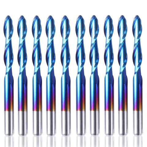 Nano Blue Coat Ball Nose End Mill Set For CNC Router Bits, 10 Pieces Spiral Upcut, One Eighth Inch Shank, Two Flute Mill, High Precision 3.175mm Shank, 17mm Cutting Edge, 38mm Overall Length, Ideal For 3D Relief Carving And Engraving
