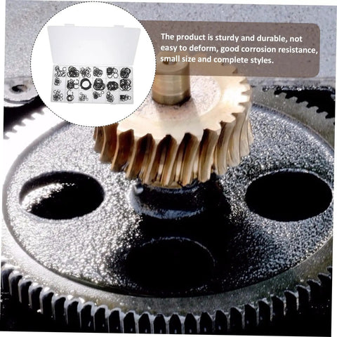 225 Piece Carbon Steel C Shaped Retaining Clip Assortment Kit External Snap Rings For Shafts And Axles displayed with gears.