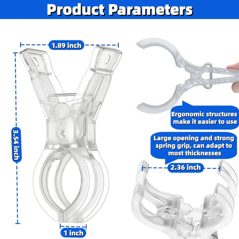 Close-up of 10 Pack Transparent Balloon Arch Clips showing dimensions and ergonomic design for balloon garlands and backdrops.