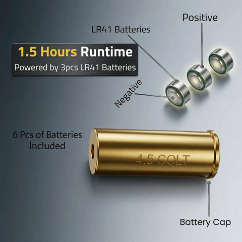 Top Tier.45 Colt And 12 Gauge Shotgun Laser Bore Sighter Cartridge with LR41 batteries, showcasing battery orientation and runtime.
