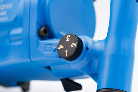 Heavy Duty 1 Inch Air Impact Wrench adjustable speed dial viewed closely with numbered settings on blue housing.