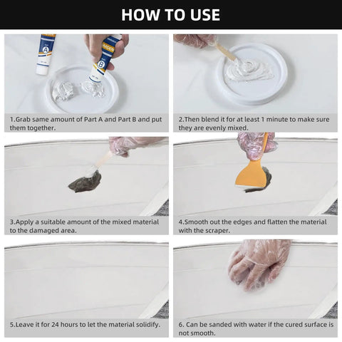 Fiberglass Boat Repair Kit White Gel Coat And Epoxy Filler instructions with step-by-step guide for repairing boat surfaces.