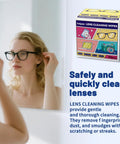 Woman using 300 Count Lens Wipes For Eyeglasses And Sunglasses Premoistened Individually Wrapped Scratch Free Streak Free Quick Clean Eye Glass Cleaner Wipes For Glasses Camera Lenses And Goggles