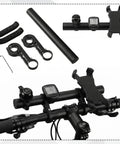 7.9 Inch Bike Handlebar Extender Aluminum Alloy Bracket Extension For Double Mounts Includes Handlebar Gloves Perfect For Bike Mounts Light Lamp Fits 31.8mm And 25.4mm Bar Calibers Heavy Duty Durable Corrosion Resistant Design with full installation setup and parts displayed.