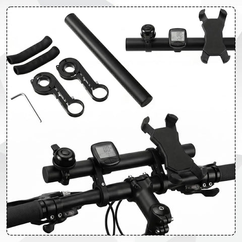 7.9 Inch Bike Handlebar Extender Aluminum Alloy Bracket Extension For Double Mounts Includes Handlebar Gloves Perfect For Bike Mounts Light Lamp Fits 31.8mm And 25.4mm Bar Calibers Heavy Duty Durable Corrosion Resistant Design with full installation setup and parts displayed.