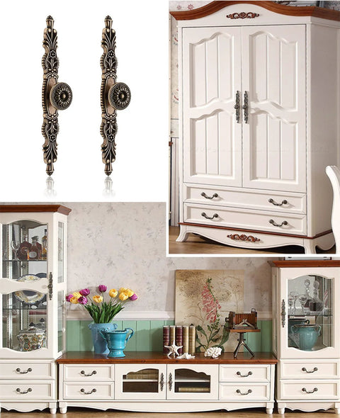 5 Piece Vintage Antique Floral Cabinet Handles Set With Bronze Finish for Dresser Drawers and Cupboards shown installed