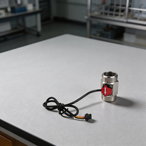 Water Flow Sensor Switch Hall Effect DN25 Stainless Steel Body For Industrial Water Systems And Heaters Precise 2 To 50 L Per Minute Measurement With 595 Pulses Per Liter Built Tough Wear Resistant Shaft, side view with wire lead