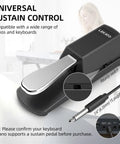 Universal Sustain Pedal For Keyboard With Polarity Switch And Quarter Inch Plug Fits Most Electronic Keyboards And Digital Pianos Durable Chrome Plated Metal Pedal For Slick Pro Level Sustain featured with product details and compatibility instructions