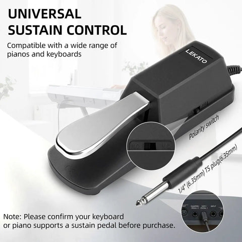 Universal Sustain Pedal For Keyboard With Polarity Switch And Quarter Inch Plug Fits Most Electronic Keyboards And Digital Pianos Durable Chrome Plated Metal Pedal For Slick Pro Level Sustain featured with product details and compatibility instructions