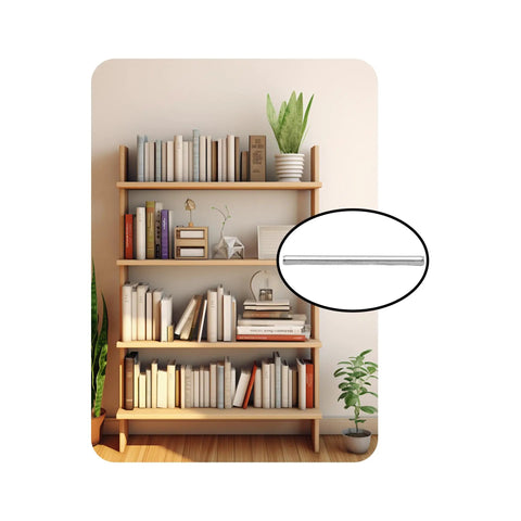 Tough As Nails Stainless Steel Dowel Pins 50 Piece Set For Cabinets Shelves And Wood Furniture displayed on a bookshelf.