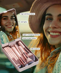 APINK 14 Piece Mini Makeup Brush Set With LED Light Mirror Travel Case, featuring soft synthetic bristles and Type-C interface.
