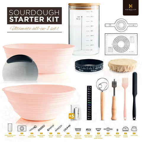 Ultimate Sourdough Starter Kit With Banneton Proofing Baskets 14 Piece Bread Making Set Pro Grade Complete Sourdough Baking Supplies Kit Includes Glass Starter Jar Pastry Mat Danish Dough Whisk Thermometer Sticker Silicone Brush Spatula And Pink.
