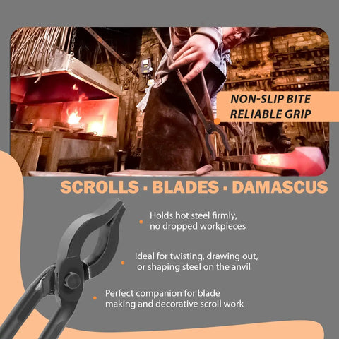Heavy Duty 12 Inch Mandrel Jaw Tongs For Metal Shaping And Bending in blacksmith shop demonstrating use in forging