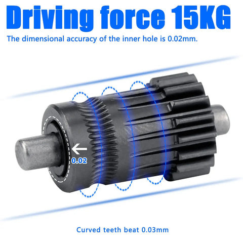 Close-up of Hardened Steel MK3 Drive Gear Extruder Kit for Prusa I3 with dual gears, 5mm bore, showing 15KG driving force.