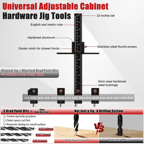 Dead Center Cabinet Hardware Jig With Built Tough Aluminum Template And Laser Etched Scales For Zero Sweat Drawer Pull Alignment And Straight Shot Kitchen Updates, showing adjustable features and markings.
