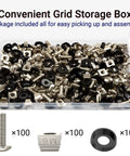 Badass M6 Cage Nuts With 16mm Screws For Rack Mount Server Cabinets And Network Gear Nickel Plated Rust Resistant Server Rack Hardware 100 Piece Set No Sweat Install Setup in clear storage box.