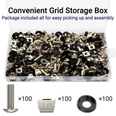 Badass M6 Cage Nuts With 16mm Screws For Rack Mount Server Cabinets And Network Gear Nickel Plated Rust Resistant Server Rack Hardware 100 Piece Set No Sweat Install Setup in clear storage box.