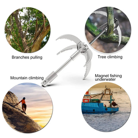Grappling Hook With Four Claw Tips Beefy Heavy Duty Stainless Steel Carabiner For Camping Hiking Tree Climbing Water Retrieval