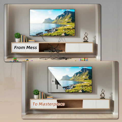 Slick In-Wall Cable Management Kit With Brush Plate For Taming Messy Wires Behind TV Screens showing before and after cable management.
