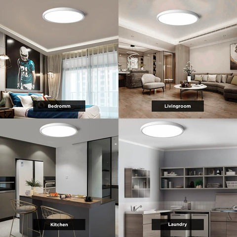 Low Profile 12 Inch LED Flush Mount Ceiling Light, 24W Daylight White Modern Round Lamp shown in bedroom, living room, kitchen, laundry