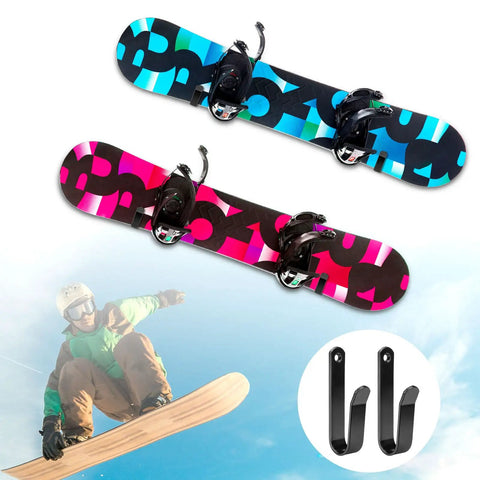 Two snowboards mounted on a wall, featuring blue and pink designs, using Four Pack Horizontal Snowboard Wall Mount Hanger Rack With Rust Proof Bombproof Brackets Heavy Duty Secure Storage Display Stand For Your Sick Winter Gear.