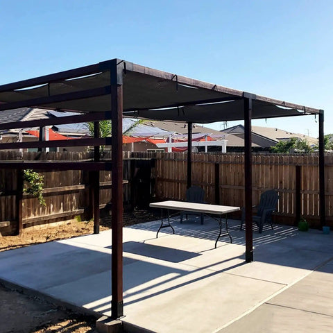 Heavy Duty Pergola Brackets For 4x4 Lumber, Black Powder Coated Steel 4 Way Kit installed on outdoor wood stand