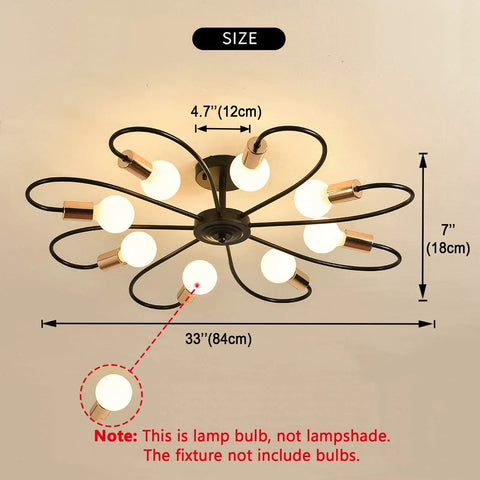 Eight Light Dope Semi Flush Ceiling Light Sputnik Style Chandelier Modern Mid Century Industrial Vintage Metal Pendant Lighting Fixture For Kitchen Dining Living Room Bedroom Black And Gold with measurements