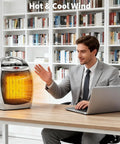 Man using Effortless Space Heater With Built In Fan For Small Rooms, Quick Heat In Seconds on office desk