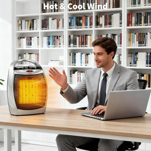 Man using Effortless Space Heater With Built In Fan For Small Rooms, Quick Heat In Seconds on office desk