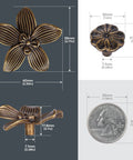 Four Pack Two Point Four Inch Antique Brass Flower Cabinet Knobs With Vintage Floral Drawer Pulls dimensions on display.