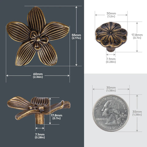 Four Pack Two Point Four Inch Antique Brass Flower Cabinet Knobs With Vintage Floral Drawer Pulls dimensions on display.