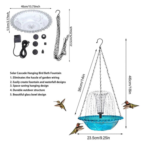 Solar Powered Cascade Hanging Bird Bath Fountain For Outdoors No Wires Needed Super Easy Setup Bubbling Water Feature With Solar Pump Bird Bath Dispenser Garden Yard Patio Decor Hummingbird Bath Blue, including glass bowl and solar pump components.