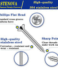 255 Piece Wood Screws Set In 304 Stainless Steel For Wood And Plastic Self Tapping Phillips Drive Flat Head focus on screw head and threads.