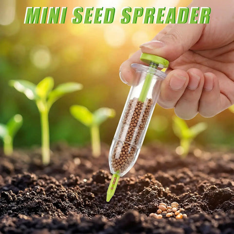 Hand holding mini seed spreader from 19 Piece Mini Seed Spreader Set And Seed Dispenser With Five Dial Settings Handy Handheld Seed Spreaders