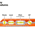 8 Inch Pitch Vial Torpedo Level With Magnetic Track Pro Grade Readouts 0 45 90 And Pitch In 1/8 Inch Increments, large vials