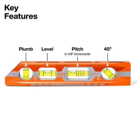 8 Inch Pitch Vial Torpedo Level With Magnetic Track Pro Grade Readouts 0 45 90 And Pitch In 1/8 Inch Increments, large vials