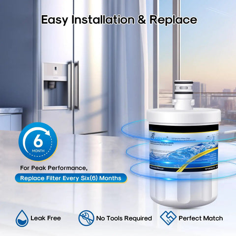 Fridge Water Filter Replacement For LG LT500P And Kenmore 9890 5231JA2002A in kitchen setting, easy installation feature highlighted