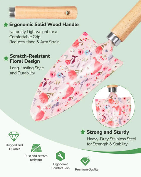 Close-up of floral trowel from 10 Piece Womens Garden Tool Gift Set With Floral Organizer Bag Rust Proof Heavy Duty Tools In Pink
